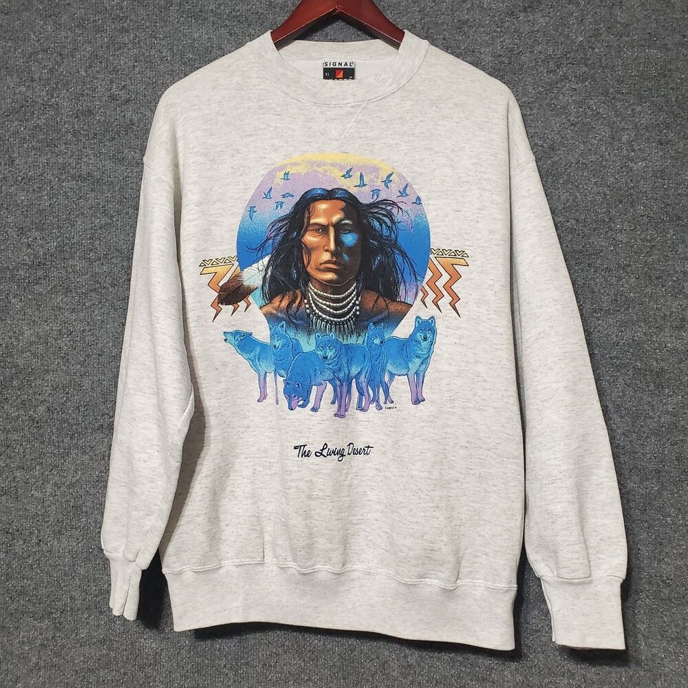 Vintage 90s Wolf Pack Native American Sweatshirt Mens XL Flock Birds Tribal USA